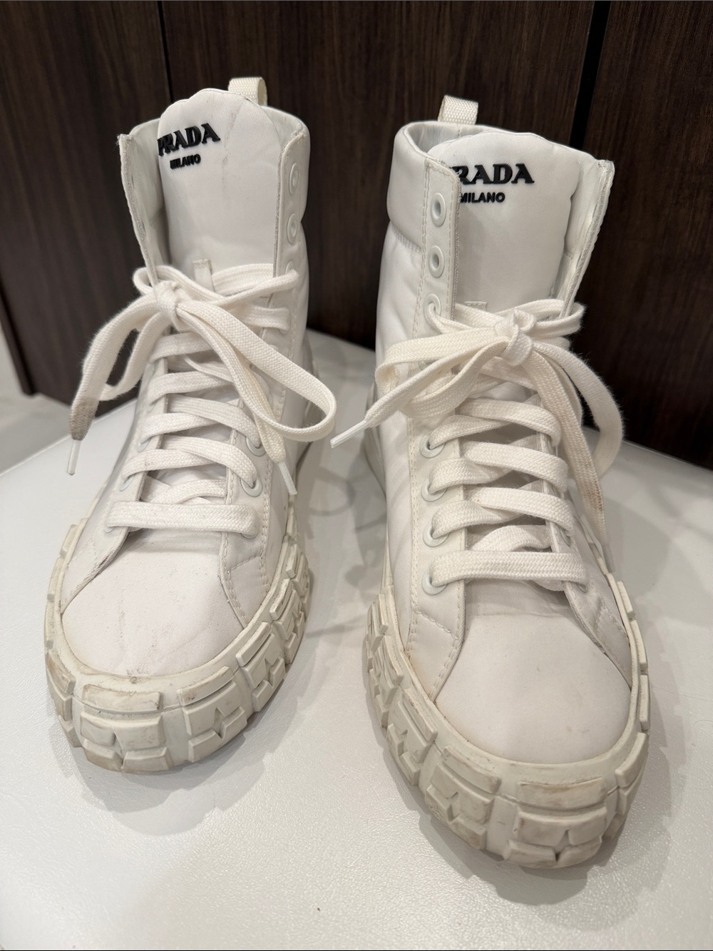 Prada White High-Top Canvas Sneakers with Chunky Tread